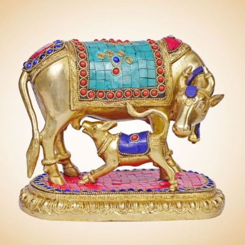 Brass Cow Feeding Calf Statue