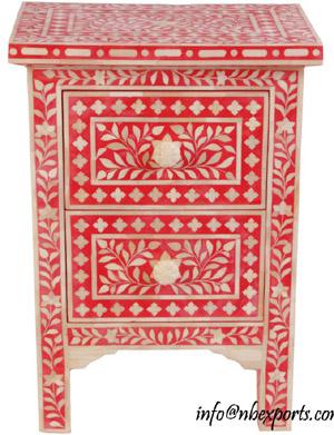 BONE INLAY BEDSIDE IN RED, Size : (L) 43x (D) 30 X (H) 60 Cms