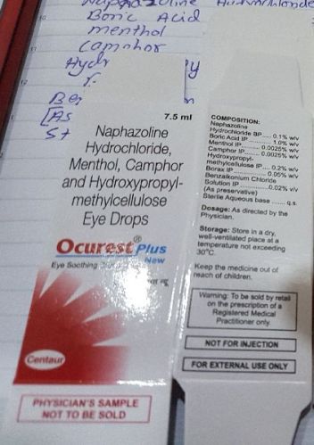 Ocurest Plus Eye Drops, Purity : 99.9%