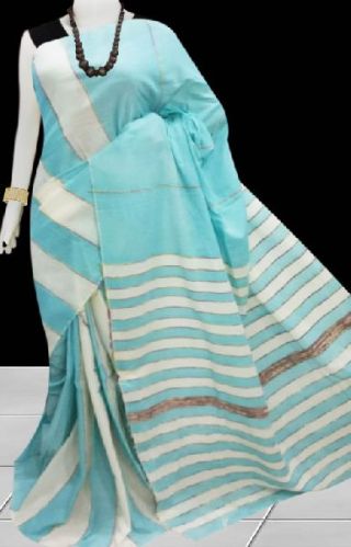 Sky Blue Color Mulmul Cotton Saree, Saree Length : 5.5 Meters