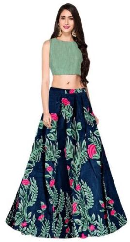 Banglory Satin Silk L-60 Tulsi Blue Lehenga