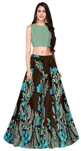 Banglory Satin Silk L-61 Tulsi Coffee Lehenga