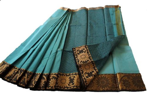 KORA COTTON GOLDEN ZARI BORDER SAREE, Color : BLUE