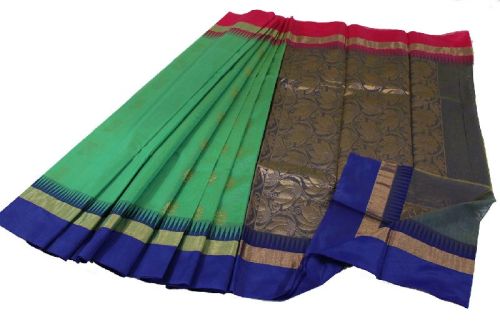 KORA COTTON TEMPLE BORDER SAREES, Color : LIGHT SEAGREEN