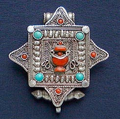 Net Carving Silver Tibetan Ghau Pendant, Shape : Triangle