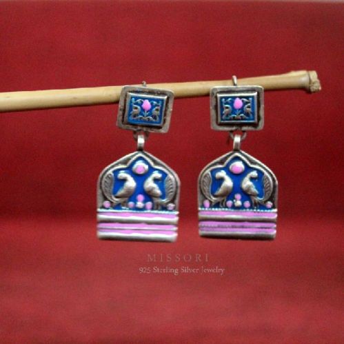 Enamel Earrings In Silver, Packaging Type : Fabric Bag