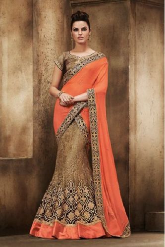 Embroidered Georgette Lehenga Saree (PT-302), Color : Multicolor
