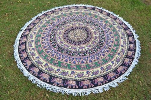 Cotton Mandala Beach Tassels Blue Color Roundie Tapestry Towel
