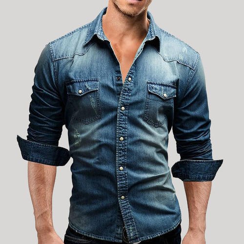 Long Sleeve Mens Denim Shirts, For Breathable, Pattern : Plain