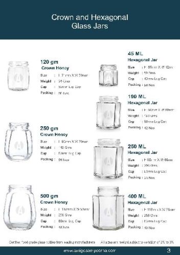 Crown and Hexagonal Glass Jars, Capacity : 250ml