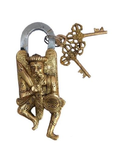 Polish Indian Man Brass Padlock, For Almirah, Door, Drawer, Pattern : Plain
