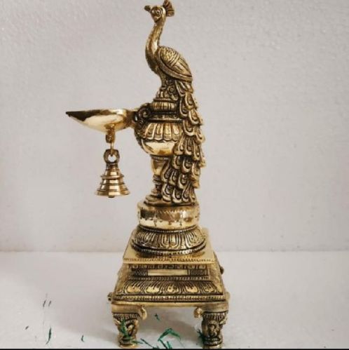 Golden Brass Peacock Dipak Lamp Statue, For Lighting, Style : Vintage, Antique