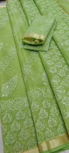 Kota Doria Hand Block Printed Saree, For Easy Wash, Anti-Wrinkle, Shrink-Resistant, Age Group : Adults