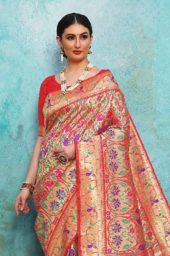 Printed Paithani Silk Sarees, Saree Length : 6.3 M (with Blouse Piece)