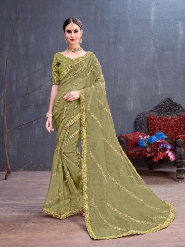 Printed Party Wear Organza Sarees, Feature : Anti Shrink, Anti Wrinkle