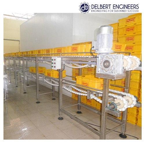 Electric Stainless Steel Polished Chain Conveyor, For Moving Goods, Industrial Application, Belt Length : 60-100 Feet