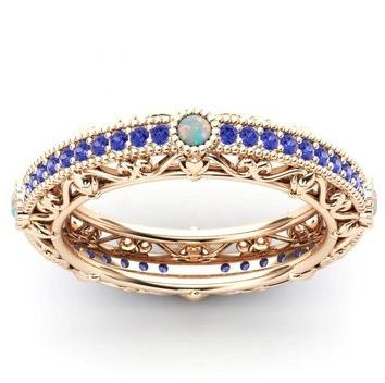 925 Sterling Silver Ethiopian Opal and Blue Sapphire Band Ring