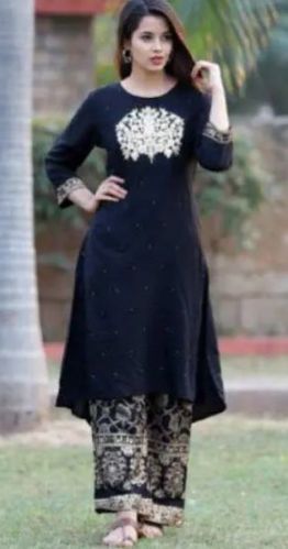 Black Embroidered Kurti With Palazzo, Size : XL, XXL