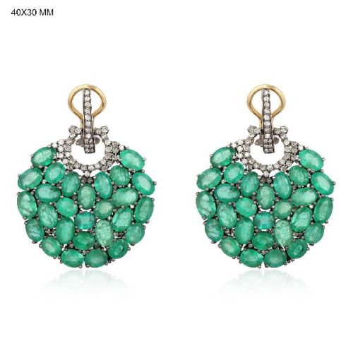 Sterling Silver Close Setting Emerald and Diamond Dangle Earrings