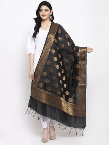 Black & Gold Banarsi Silk Dupatta, Technics : Machine Made
