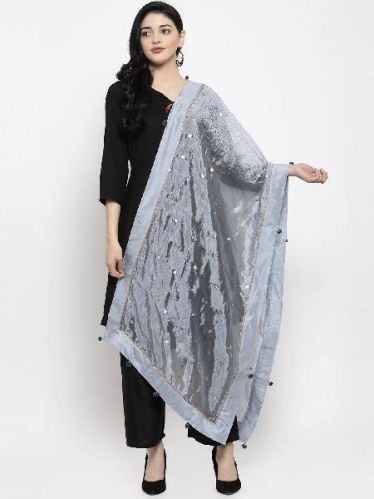 Grey Polka Dot Silk Dupatta, Technics : Machine Made