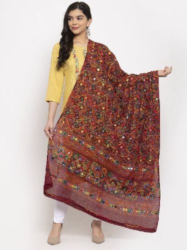 Maroon Embroidered Net Dupatta, Technics : Machine Made