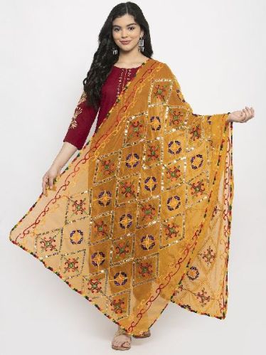 Embroidered Mustard Embellished Net Dupatta, Technics : Machine Made