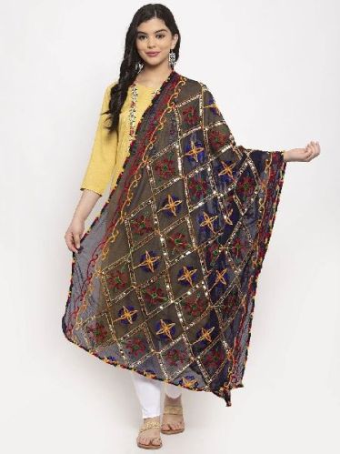 Navy Blue Embellished Net Dupatta, Technics : Machine Made