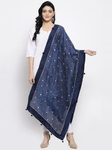 Navy Blue Polka Dot Silk Dupatta, Technics : Machine Made