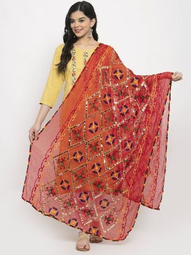 Embroidered Orange Embellished Net Dupatta, Technics : Machine Made