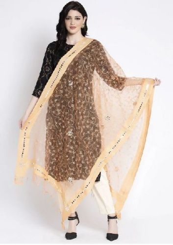 Orange Embroidered Net Dupatta, Technics : Machine Made