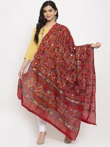 Red Embroidered Net Dupatta, Technics : Machine Made