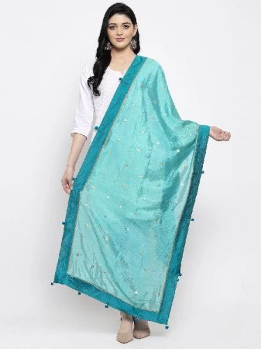 Turquoise Polka Dot Silk Dupatta, Technics : Machine Made