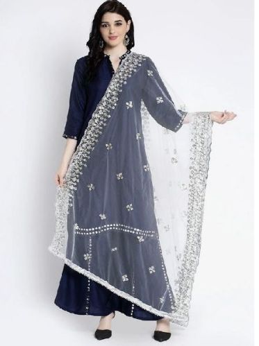 Embroidered White Embellished Net Dupatta, Technics : Machine Made