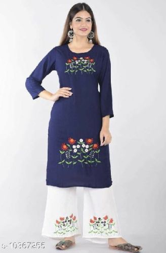 Navy Blue Double Embroidery Kurtis With Palazzo