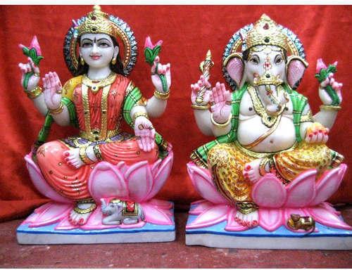 Painted Marble Lakshmi Ganesh Statue, For Worship