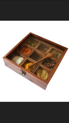 IHandikart Square Handmade Wooden Spice Box, Size : 9' 9'