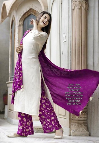 Rayon Kurti Plazzo Dupatta Set, Color : Pink