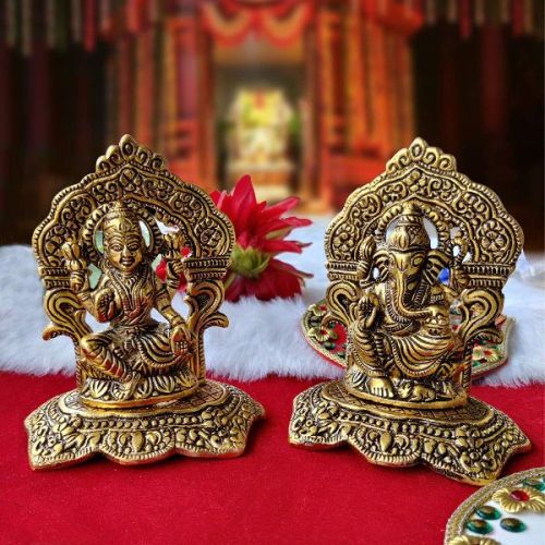 Metal Laxmi Ganesh Idol, For Worship, Temple, Pattern : Plain