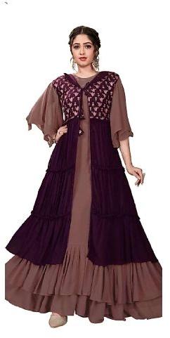 13203 Semi Stitched Flared Gown With Long Shrug