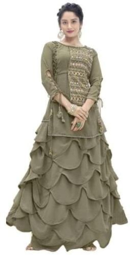 Faux Georgette Semi Stitched Top With Stitched Bottom Flared Dress