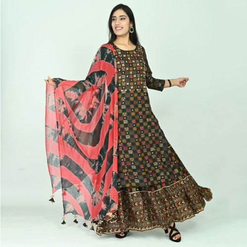 Black & Red Kurta With Skirt and Dupatta