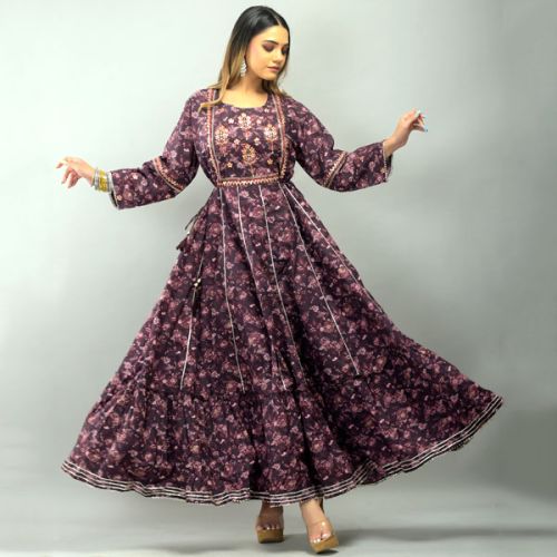 Purple Printed Full Length Anarkali Gown, Size : M, XL, XXL