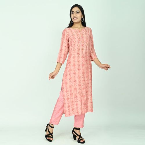 Soft Pink Pant Set With Pearl Hand Work & Printed Pants