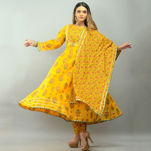 Yellow Floral Anarkali With Pant and Dupatta