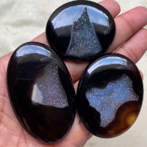 Oval Black Onyx Window Druzy Cabochon Gemstone