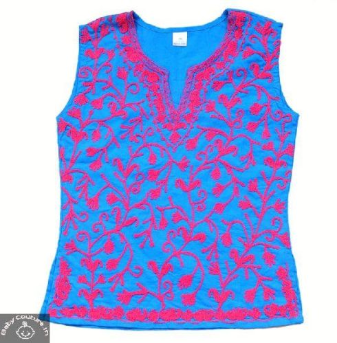 Cotton Blue Pink Embroidered Kurti, Occasion : Party
