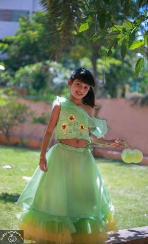 Crepe One Shouldered Tiered Lehenga, Color : Green