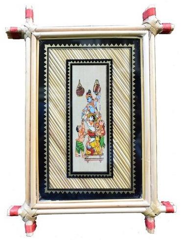 Village Kraft Cane Stick Frame Glass Top Palm Leaf Painting