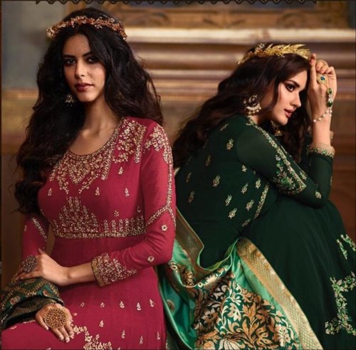 Fabzone Georgette Aanarkali Gown, Occasion : Festive Wear